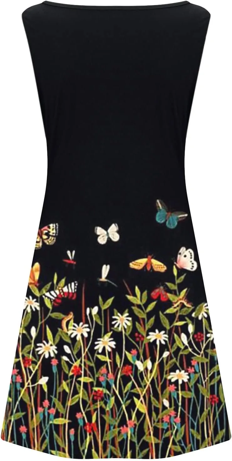 Women's Summer Floral Printed Tank Dress Sleeveless Hollow Out Boho Beach Dress Casual Loose Vacation Sundress