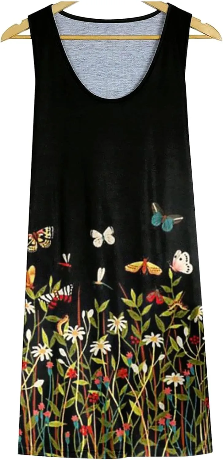 Women's Summer Floral Printed Tank Dress Sleeveless Hollow Out Boho Beach Dress Casual Loose Vacation Sundress