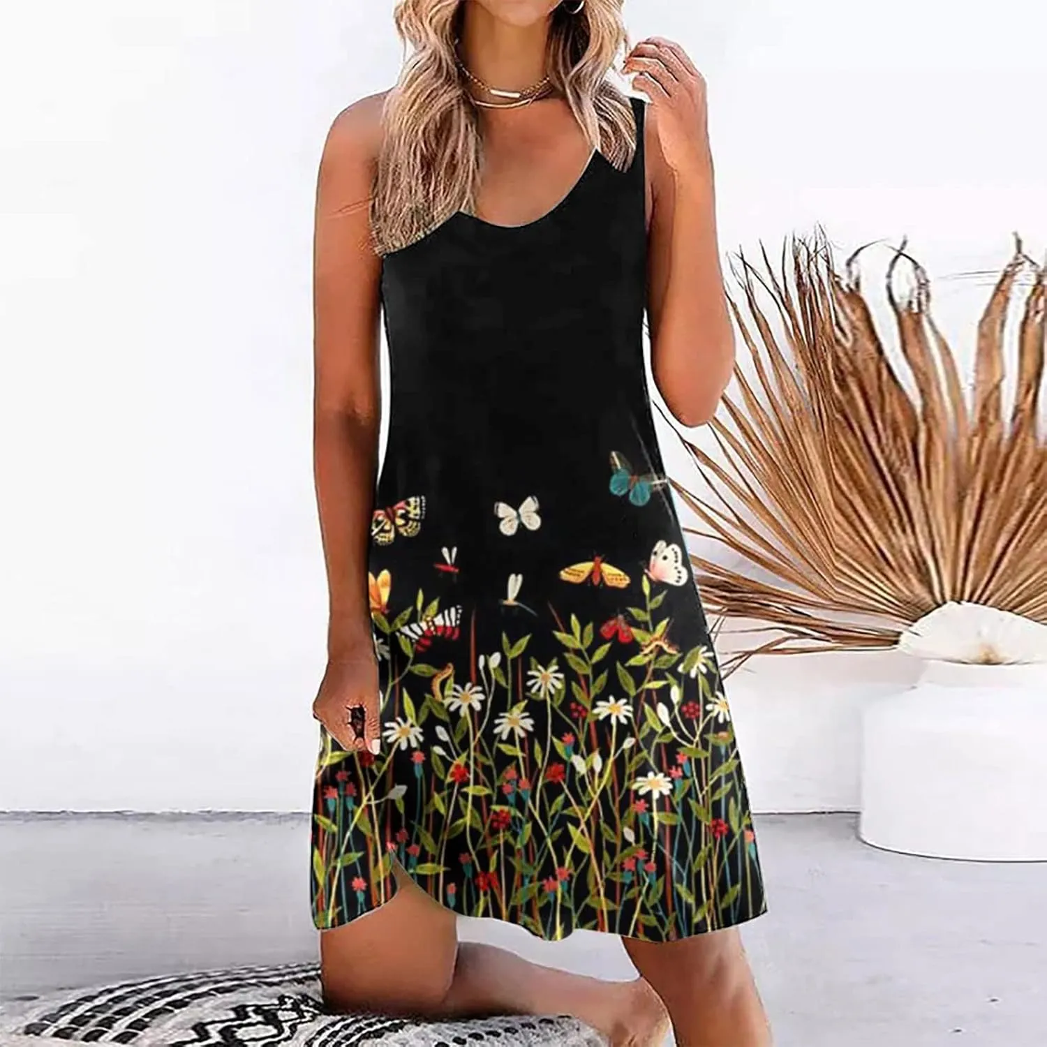 Women's Summer Floral Printed Tank Dress Sleeveless Hollow Out Boho Beach Dress Casual Loose Vacation Sundress