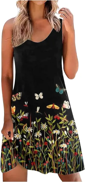 Women's Summer Floral Printed Tank Dress Sleeveless Hollow Out Boho Beach Dress Casual Loose Vacation Sundress